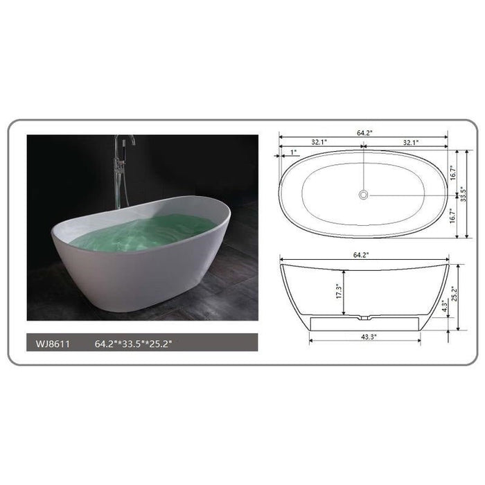 Legion Furniture 64.2" White Matt Solid Surface Tub - No Faucet WJ8611-W