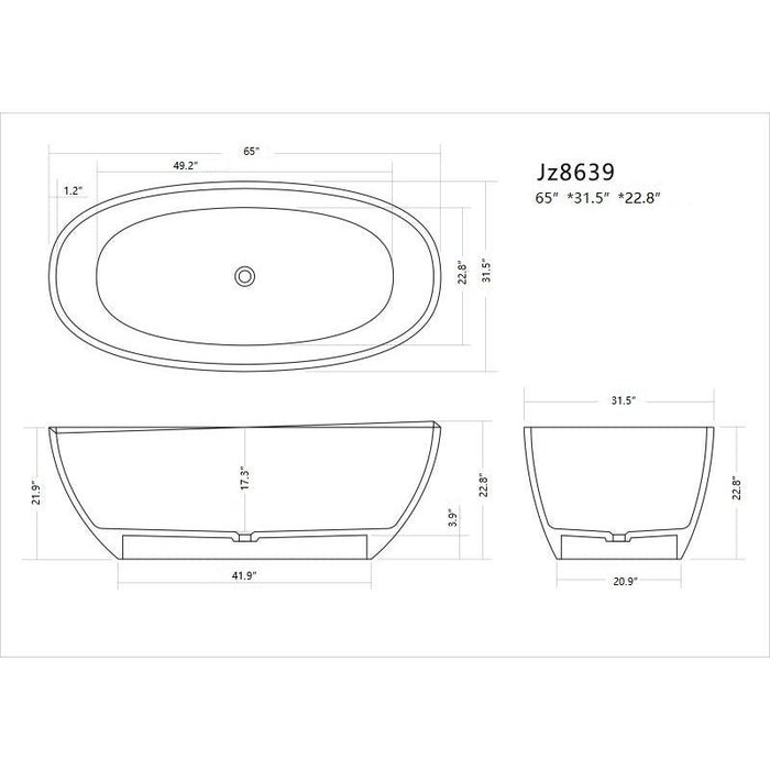 Legion Furniture 65" White Matt Solid Surface Tub - No Faucet WJ8639-W