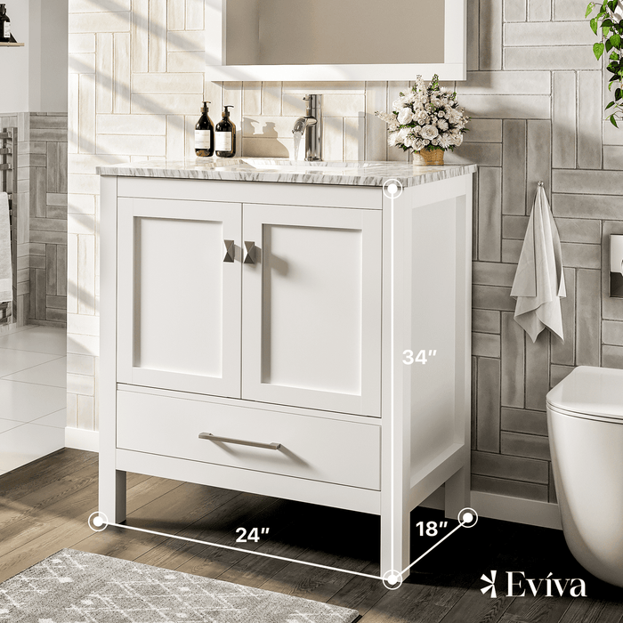 Eviva London 24" x 18" Transitional Bathroom Vanity in Gray or White Finish with White Carrara Top