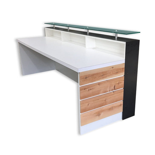 White Memphis Reception Desk With Glass Riser and Cedar Slats