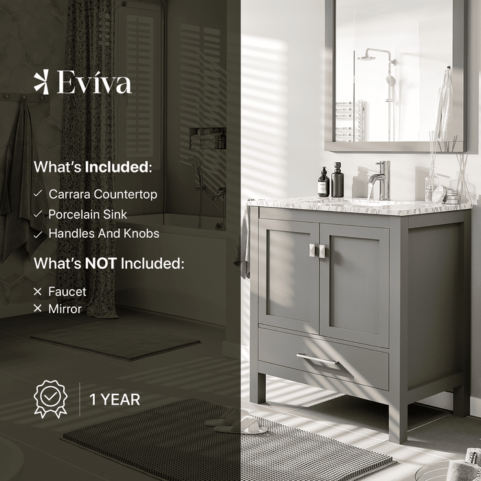 Eviva London 24" x 18" Transitional Bathroom Vanity in Gray or White Finish with White Carrara Top