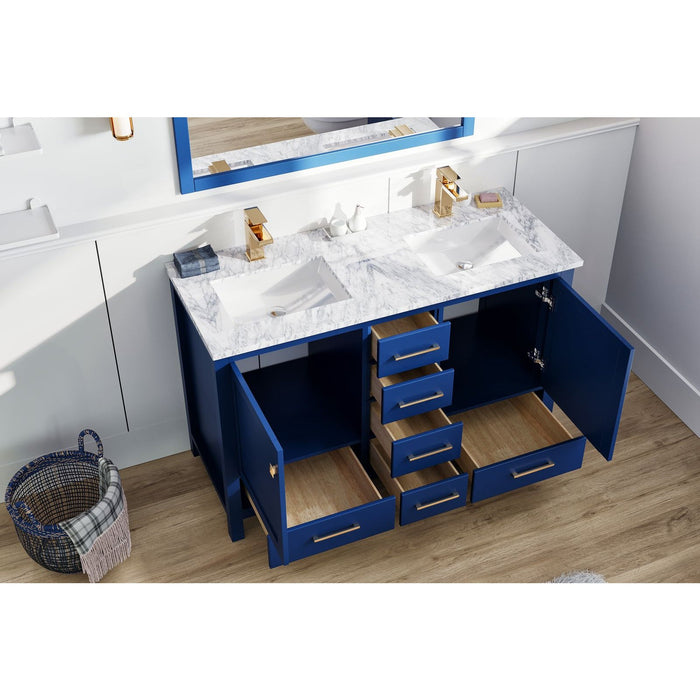 Eviva London 48 x 18" Transitional Double Sink Bathroom Vanity in Blue Finish with White Carrara Marble Countertop and Gold Handles