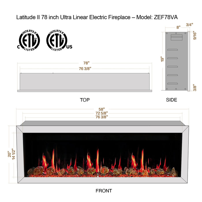 Litedeer Latitude II 78 inch Wifi Smart Electric Fireplace with crackling - ZEF78VA