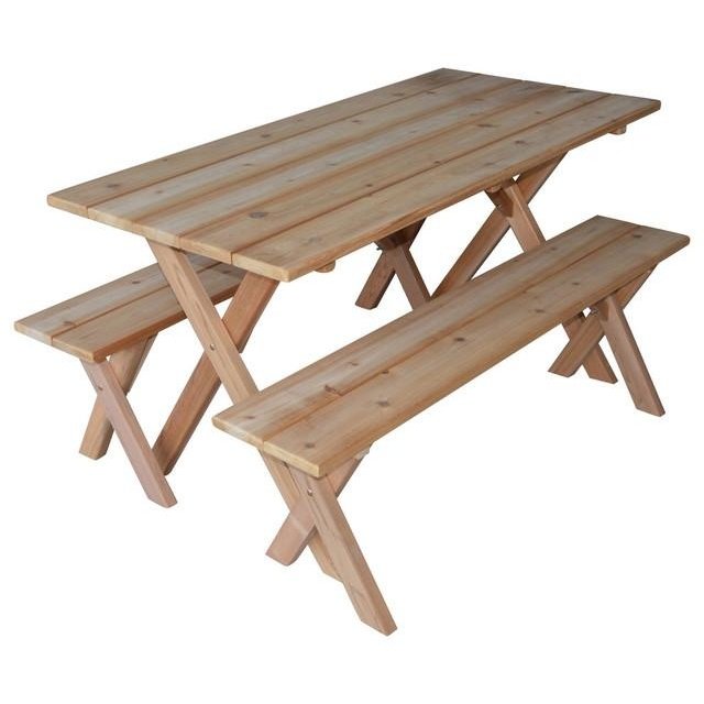A & L Furniture Cross-leg Table w/2 Benches Unfinished - Specify for FREE 2" Umbrella Hole