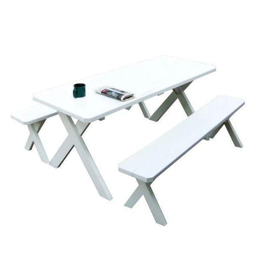 A & L Furniture Yellow Pine Cross-leg Table w/2 Benches Unfinished