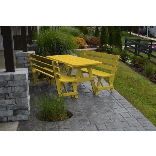 A & L Furniture Yellow Pine Table w/2 Backed Benches Black