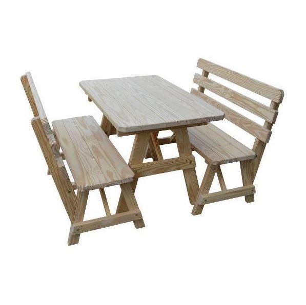 A & L Furniture Yellow Pine Table w/2 Backed Benches Unfinished