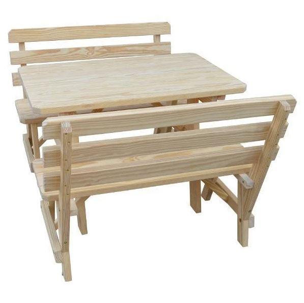 A & L Furniture Yellow Pine Table w/2 Backed Benches Unfinished