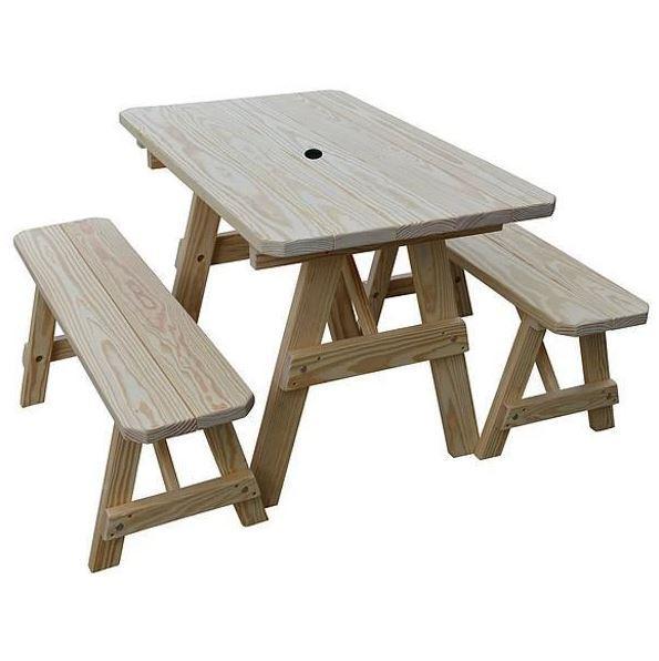 A & L Furniture Yellow Pine Traditional Table w/2 Benches Unfinished