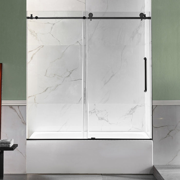 ANZZI Don Series White "60 x 32" Alcove Rectangular Bathtub with Built-In Flange and Frameless Matte Black Sliding Door