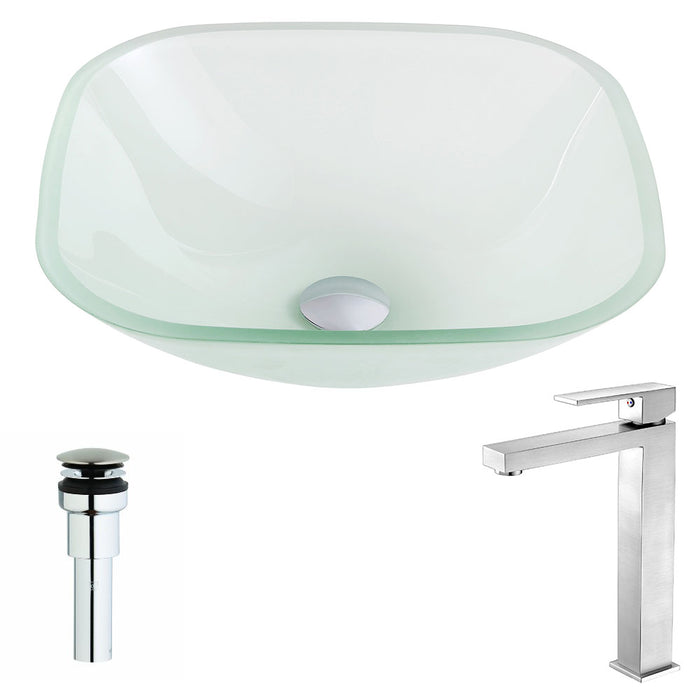 ANZZI Vista Series 17" x 17" Deco-Glass Square Shape Vessel Sink in Lustrous Frosted Finish with Polished Chrome Pop-Up Drain and Brushed Nickel Faucet
