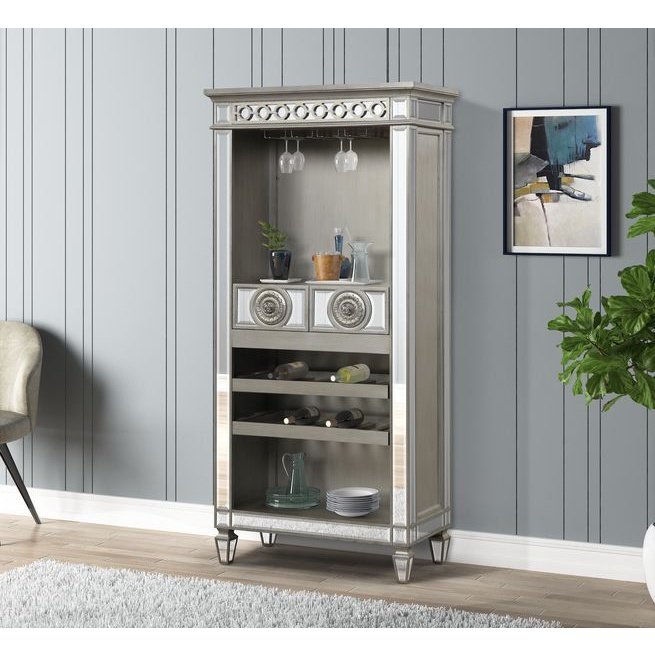 Acme Furniture Varian Wine Cabinet in Mirrored & Antique Platinum Finish AC00700
