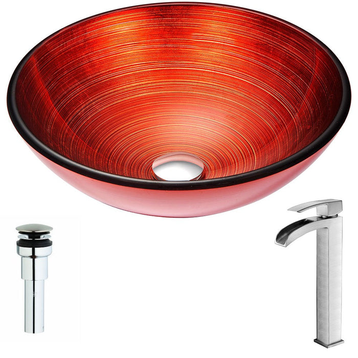 ANZZI Echo Series 17" x 17" Deco-Glass Round Vessel Sink in Lustrous Red Finish with Chrome Pop-Up Drain and Brushed Nickel Key Faucet LSAZ057-097B