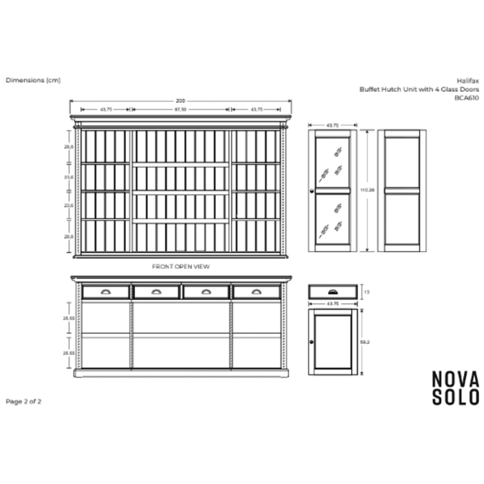 NovaSolo Halifax Buffet Hutch Unit with 4 Glass Doors in Classic White BCA610