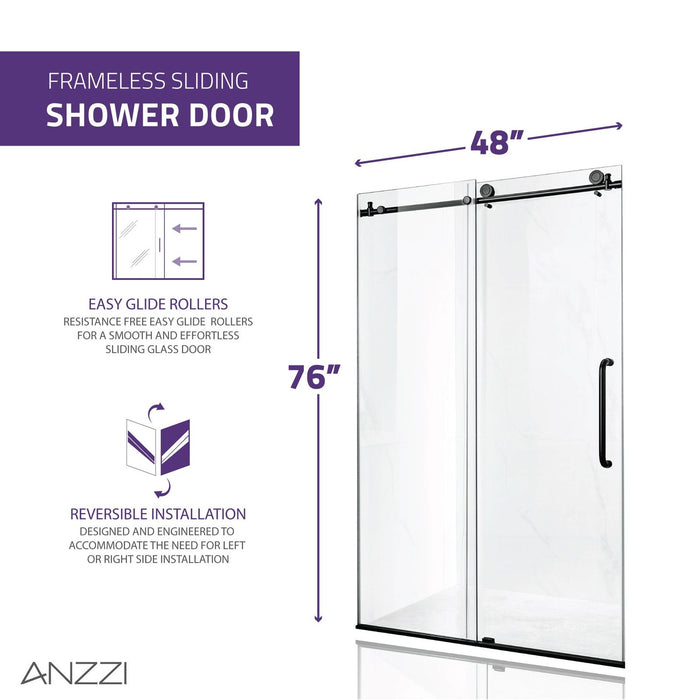ANZZI Madam Series 48" x 76" Matte Black Frameless Rectangular Sliding Shower Door with Tsunami Guard SD-AZ13-01MB