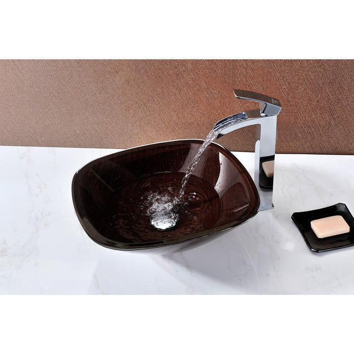 ANZZI Cansa Series 16" x 16" Deco-Glass Square Shape Vessel Sink in Rich Timber Finish with Polished Chrome Pop-Up Drain LS-AZ066