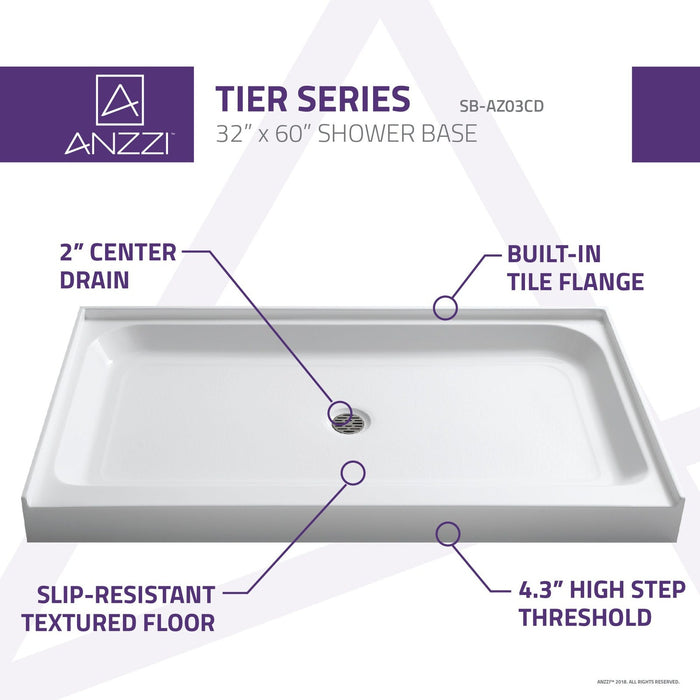 ANZZI Tier Series 32" x 60" Single Threshold White Shower Base with Built-In Tile Flange