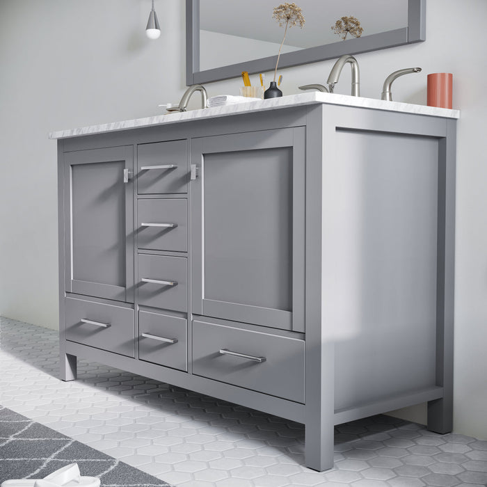 Eviva Aberdeen 48" Transitional Double Sink Bathroom Vanity in Espresso, Gray or White Finish with White Carrara Marble Countertop and Undermount Porcelain Sinks