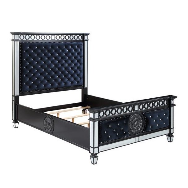 Acme Furniture Varian II Ek Bed in Mirrored, Dark Navy Velvet & Black & Sliver Finish BD00583EK