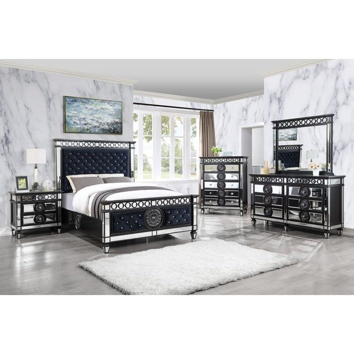 Acme Furniture Varian II Ek Bed in Mirrored, Dark Navy Velvet & Black & Sliver Finish BD00583EK