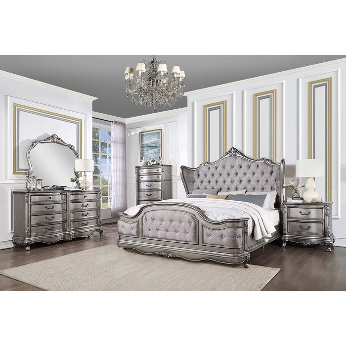 Acme Furniture Ausonia Ck Bed in Velvet & Antique Platinum Finish BD00601CK
