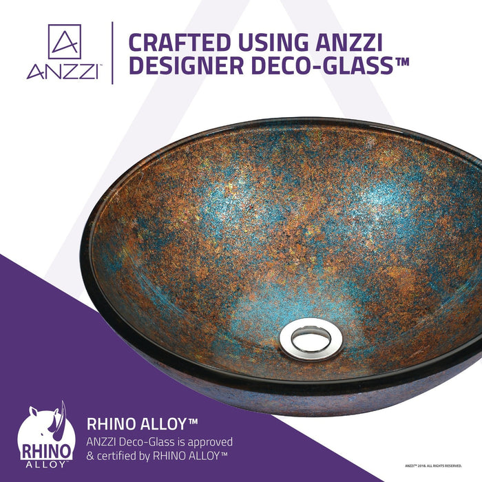 ANZZI Stellar Series 17" x 17" Deco-Glass Round Vessel Sink with Polished Chrome Pop-Up Drain