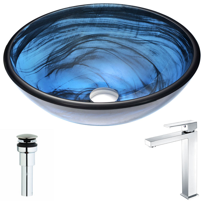 ANZZI Soave Series 17" x 17" Deco-Glass Round Vessel Sink in Sapphire Wisp Finish with Chrome Pop-Up Drain and Faucet