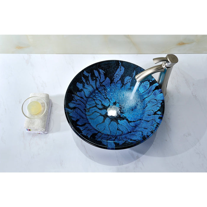 ANZZI Key Series 17" x 17" Deco-Glass Round Vessel Sink in Lustrous Blue and Black Finish with Polished Chrome Pop-Up Drain LS-AZ046