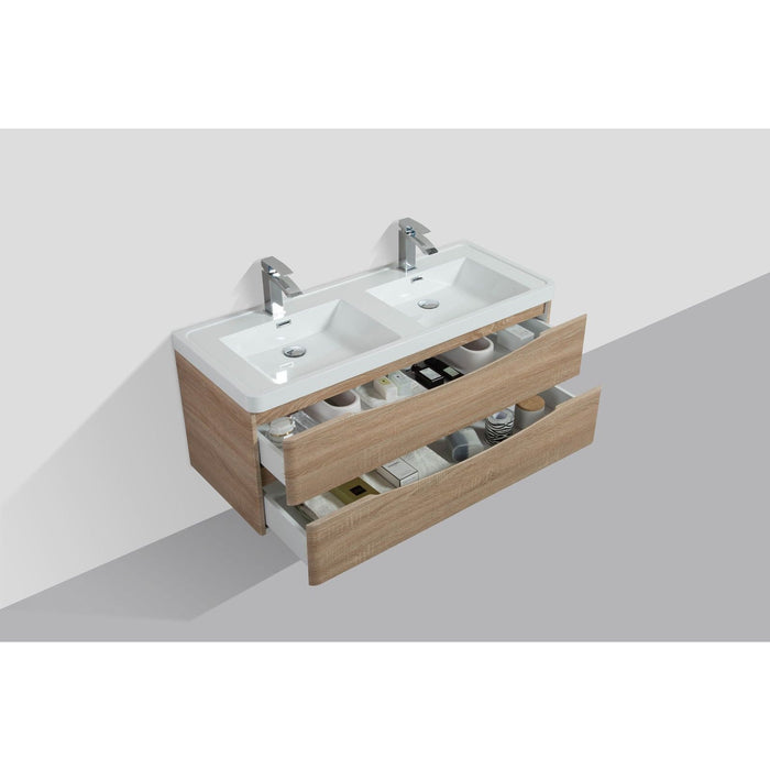 Eviva Smile 48" Wall Mount Modern Double Bathroom Vanity in White Oak Finish with White Integrated Acrylic Top