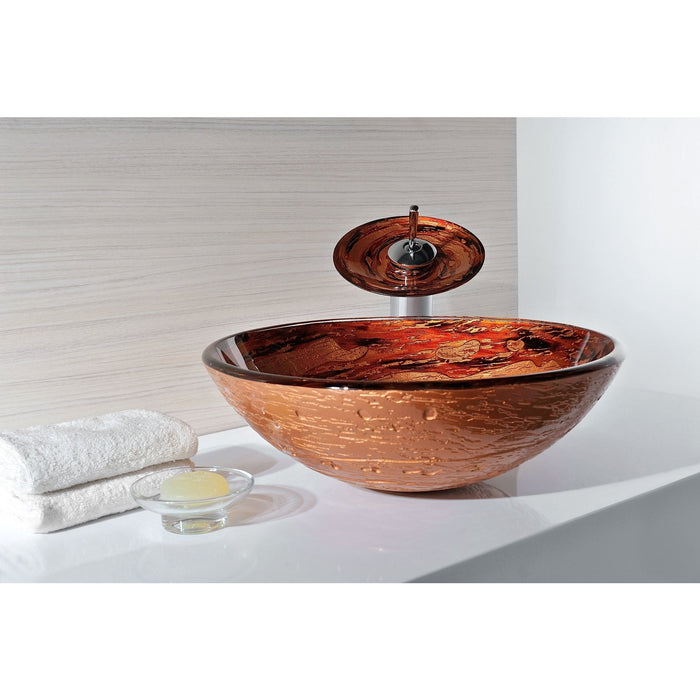 ANZZI Komaru Series 17" x 17" Deco-Glass Round Vessel Sink in Lustrous Brown Finish with Polished Chrome Pop-Up Drain and Waterfall Faucet LS-AZ8111