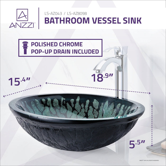 ANZZI Bravo Series 19" x 15" Deco-Glass Oval Shape Vessel Sink in Lustrous Black Finish with Polished Chrome Pop-Up Drain LS-AZ043