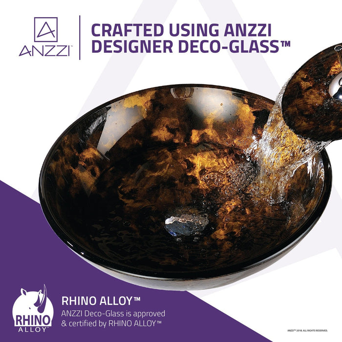 ANZZI Timbre Series 17" x 17" Deco-Glass Round Vessel Sink in Kindled Amber Finish with Polished Chrome Pop-Up Drain and Waterfall Faucet LS-AZ049