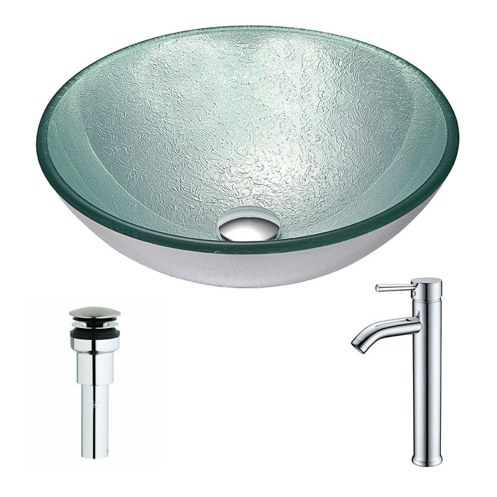 ANZZI Spirito Series 17" x 17" Deco-Glass Round Vessel Sink in Churning Silver Finish with Chrome Pop-Up Drain and Brushed Nickel Faucet