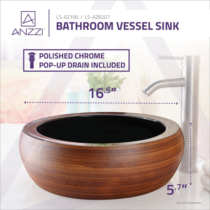 ANZZI Regalia Series 17" x 17" Deco-Glass Round Vessel Sink in Black Fusion Finish with Polished Chrome Pop-Up Drain LS-AZ190