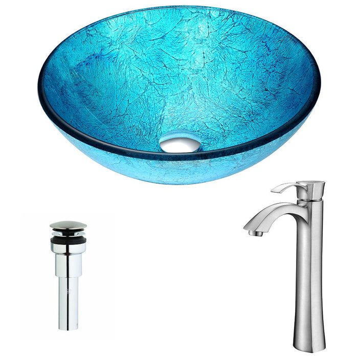 ANZZI Accent Series 17" x 17" Deco-Glass Round Vessel Sink in Blue Ice Finish with Chrome Pop-Up Drain and Brushed Nickel Faucet