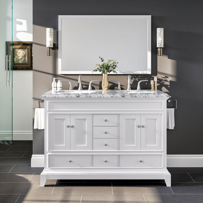 Eviva Elite Stamford 48" Double Sink Bathroom Vanity in White Finish with Double Ogee Edge White Carrara Countertop and Undermount Porcelain Sinks