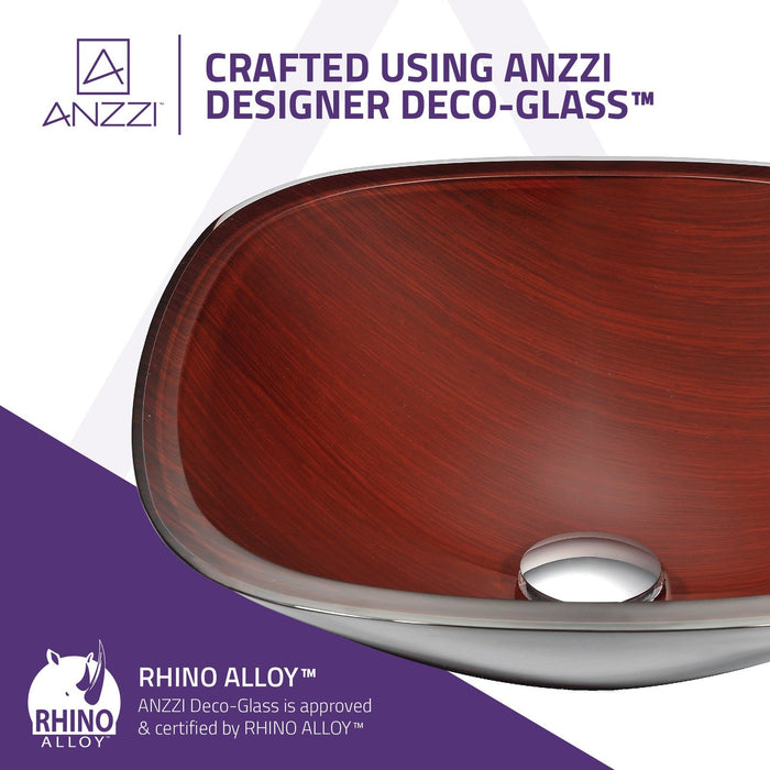 ANZZI Cansa Series 16" x 16" Deco-Glass Square Shape Vessel Sink in Rich Timber Finish with Polished Chrome Pop-Up Drain LS-AZ066