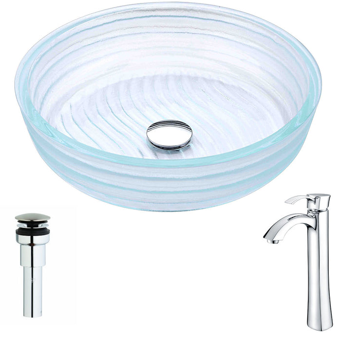 ANZZI Canta Series 17" x 17" Deco-Glass Cylinder Shape Vessel Sink in Translucent Crystal Finish with Chrome Pop-Up Drain and Faucet