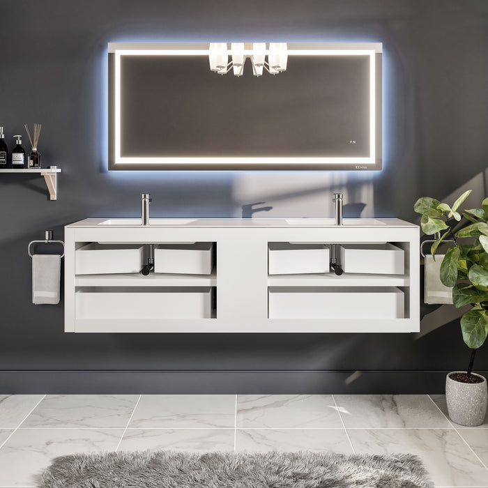 Eviva Vienna 75" Wall Mount Double Sink Bathroom Vanity in Ash w/ White Frame, Cement Gray w/ White Frame, or Gray Oak w/ White Frame Finish with White Integrated Acrylic Top