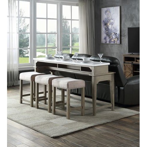 Acme Furniture Wandella 4pc Counter Height Table Set W/Usb in Beige Fabric, Marble Top & Rustic Oak Finish DN00089