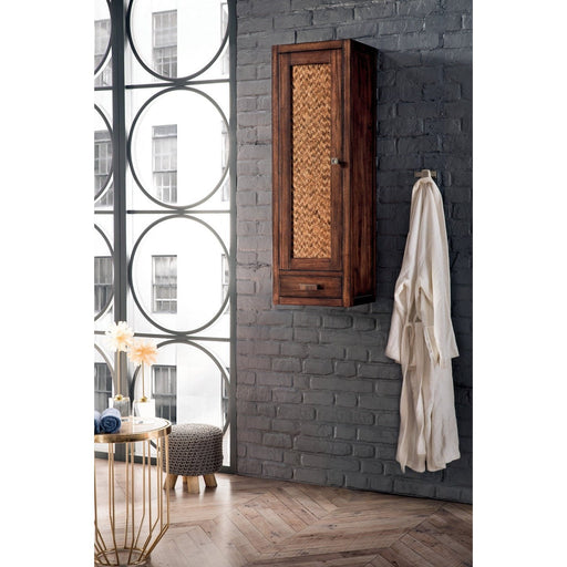 James Martin Addison 12" Depth Petite Tower Hutch in Mid Century Acacia, shown in a bathroom setting