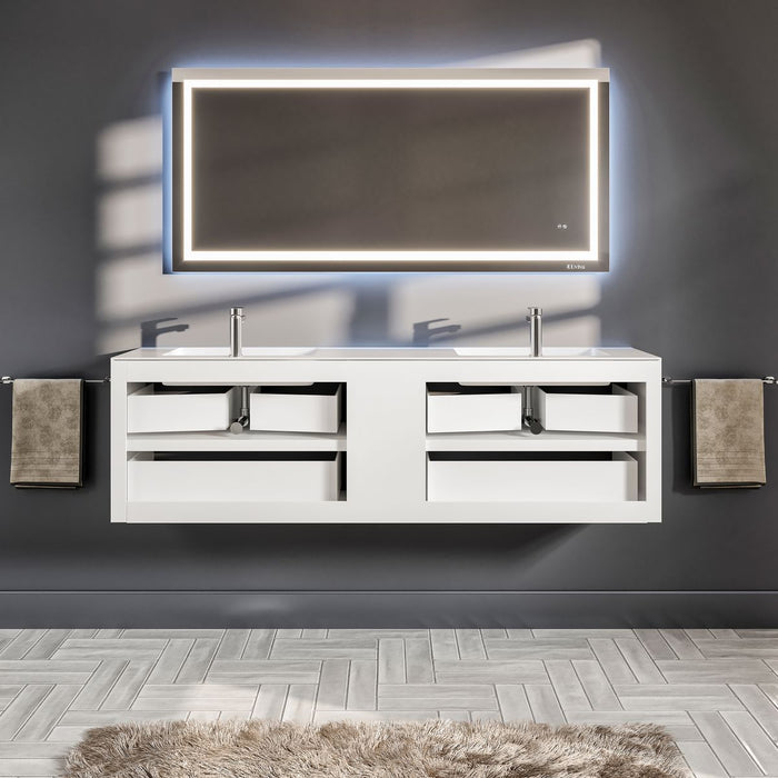 Eviva Vienna 75" Wall Mount Double Sink Bathroom Vanity in Ash w/ White Frame, Cement Gray w/ White Frame, or Gray Oak w/ White Frame Finish with White Integrated Acrylic Top