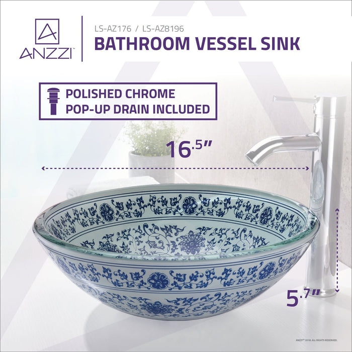 ANZZI Cadence Series 16" x 16" Deco-Glass Round Vessel Sink with Polished Chrome Pop-Up Drain