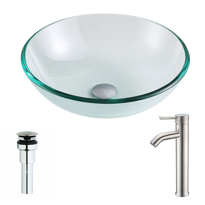 ANZZI Etude Series 17" x 17" Deco-Glass Round Vessel Sink in Lustrous Clear Finish with Polished Chrome Pop-Up Drain and Brushed Nickel Faucet