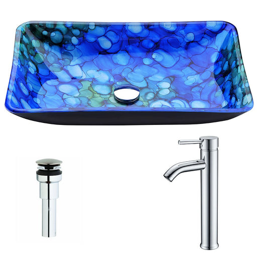 ANZZI Voce Series 23" x 15" Deco-Glass Rectangular Vessel Sink in Lustrous Blue Finish with Polished Chrome Pop-Up Drain and Faucet