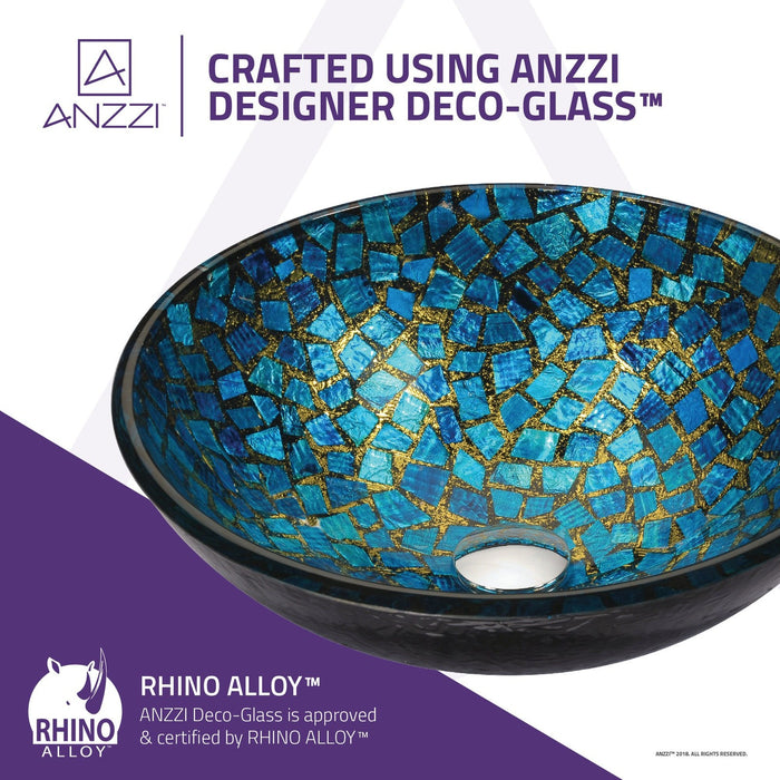 ANZZI Chipasi Series 17" x 17" Deco-Glass Round Vessel Sink in Blue and Gold Mosaic Finish with Polished Chrome Pop-Up Drain LS-AZ8210