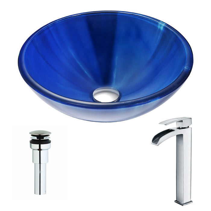 ANZZI Meno Series 17" x 17" Deco-Glass Round Vessel Sink in Lustrous Blue Finish with Chrome Pop-Up Drain and Key Faucet LSAZ051-097