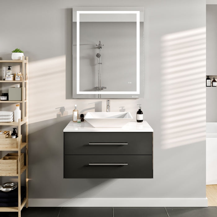 Eviva Totti Wave 30" Modern Bathroom Vanity in Espresso, Gray, or White, Finish with Super White Man-Made Stone Countertop and Porcelain Vessel Sink