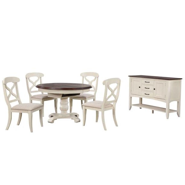 Sunset Trading Andrews 6 Piece 48" Round or 66" Oval Extendable Dining Set | Butterfly Leaf Table | Sideboard with Large Display Shelf 3 Drawers 2 Storage Cabinets | Antique White and Chestnut Brown | Seats 6 DLU-ADW4866-C12-SBAW6P