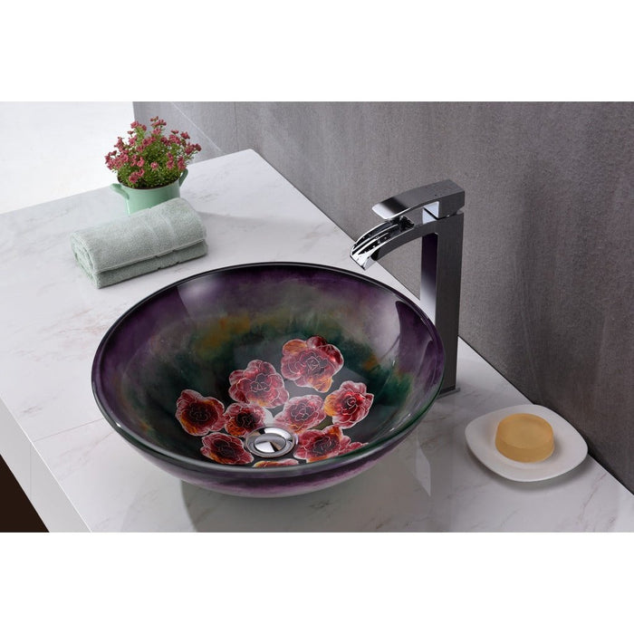 ANZZI Panye Series 17" x 17" Deco-Glass Round Vessel Sink in Purple Hand Painted Mural with Polished Chrome Pop-Up Drain LS-AZ8217